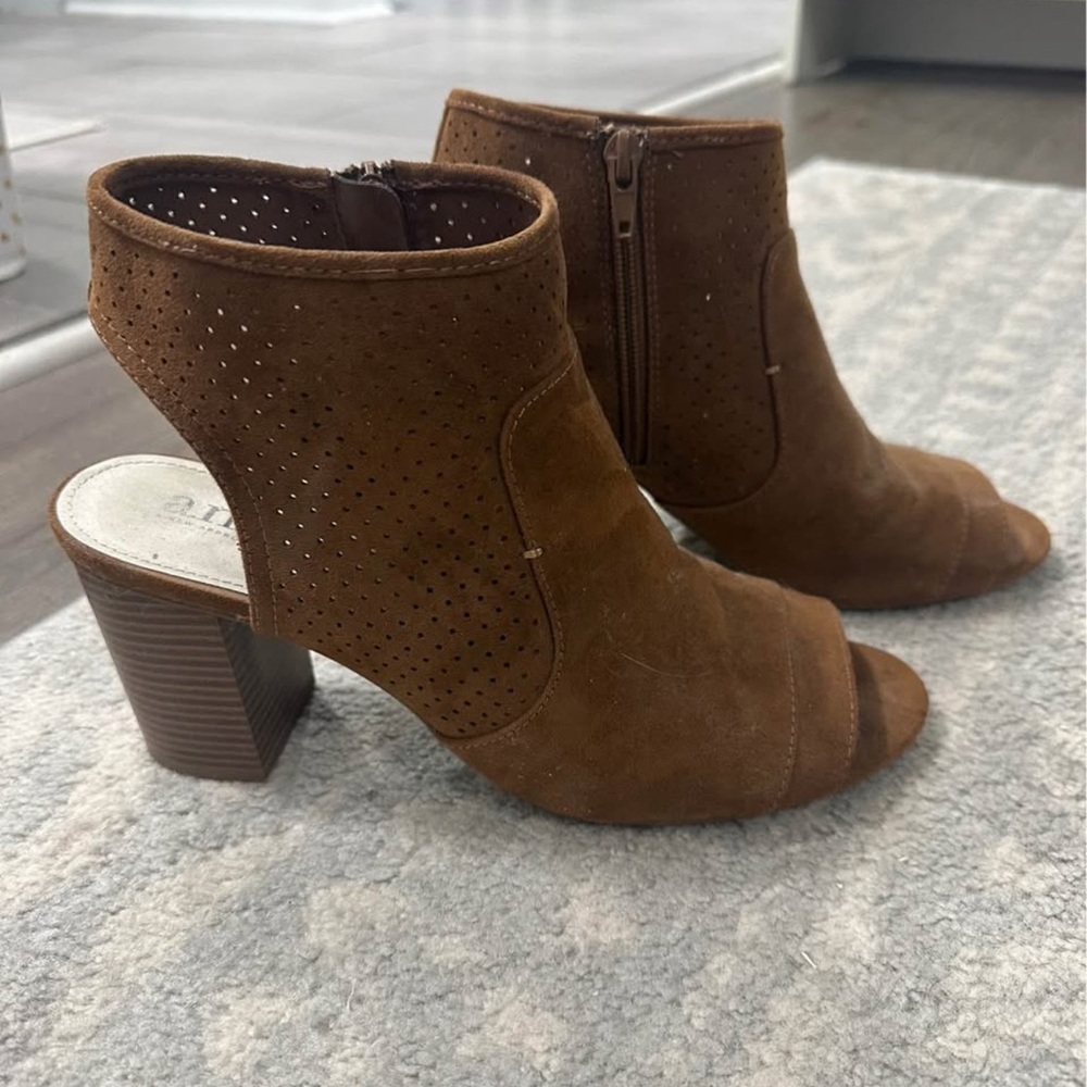 Brown Suede Peep-Toe Ankle Boots